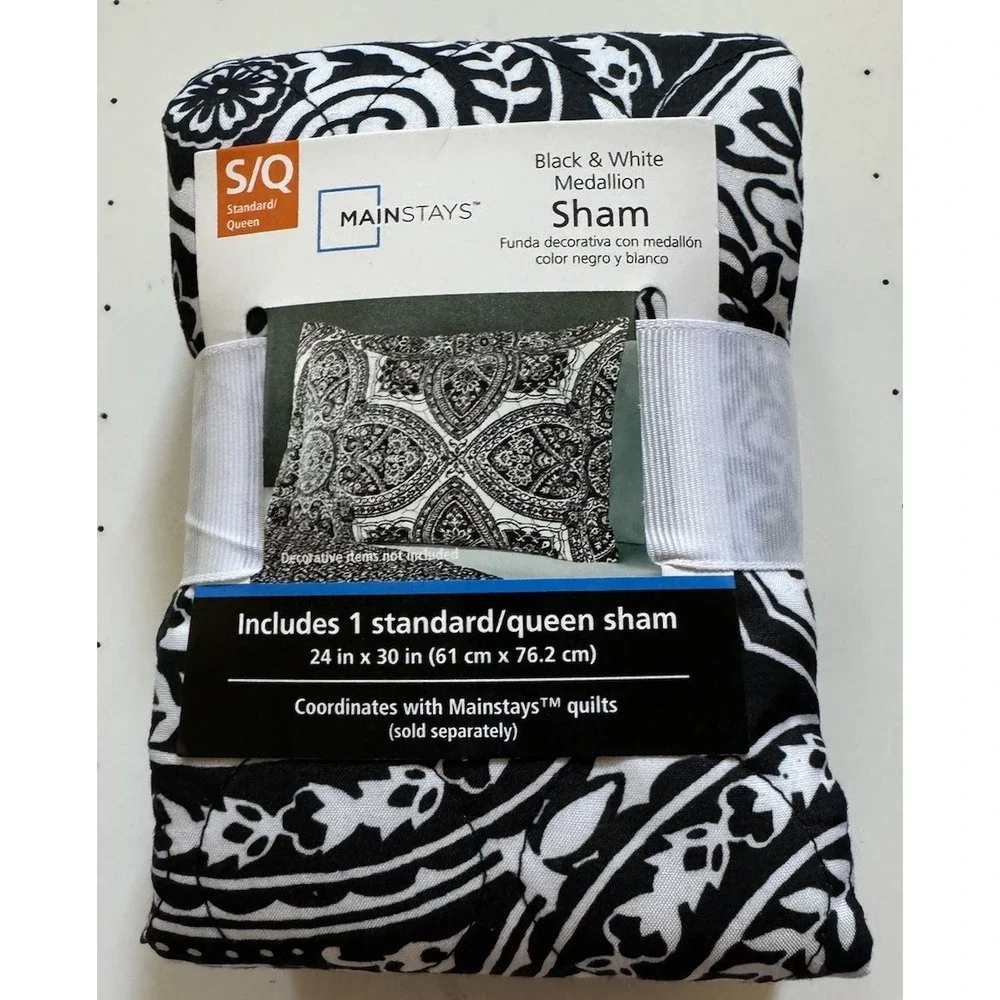 Mainstays Black & White Medallion Pillow Sham Standard Queen Quilted NEW‎